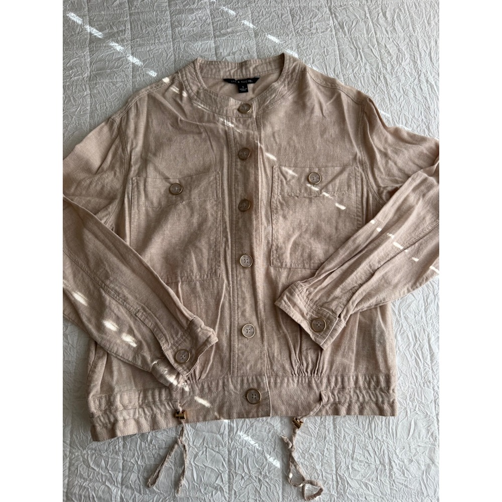 Zac & Rachel Womens Tan Linen Blend Utility Jacket Band Collar Size Small